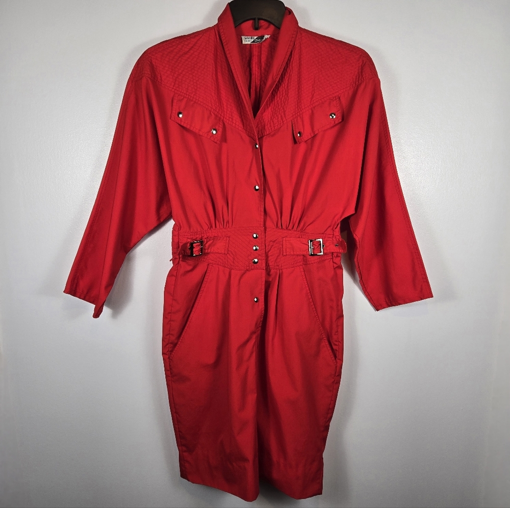 Vintage 80s Sunshine Starshine Red Rad Retro Dolman Snap Button Dress Size Small
